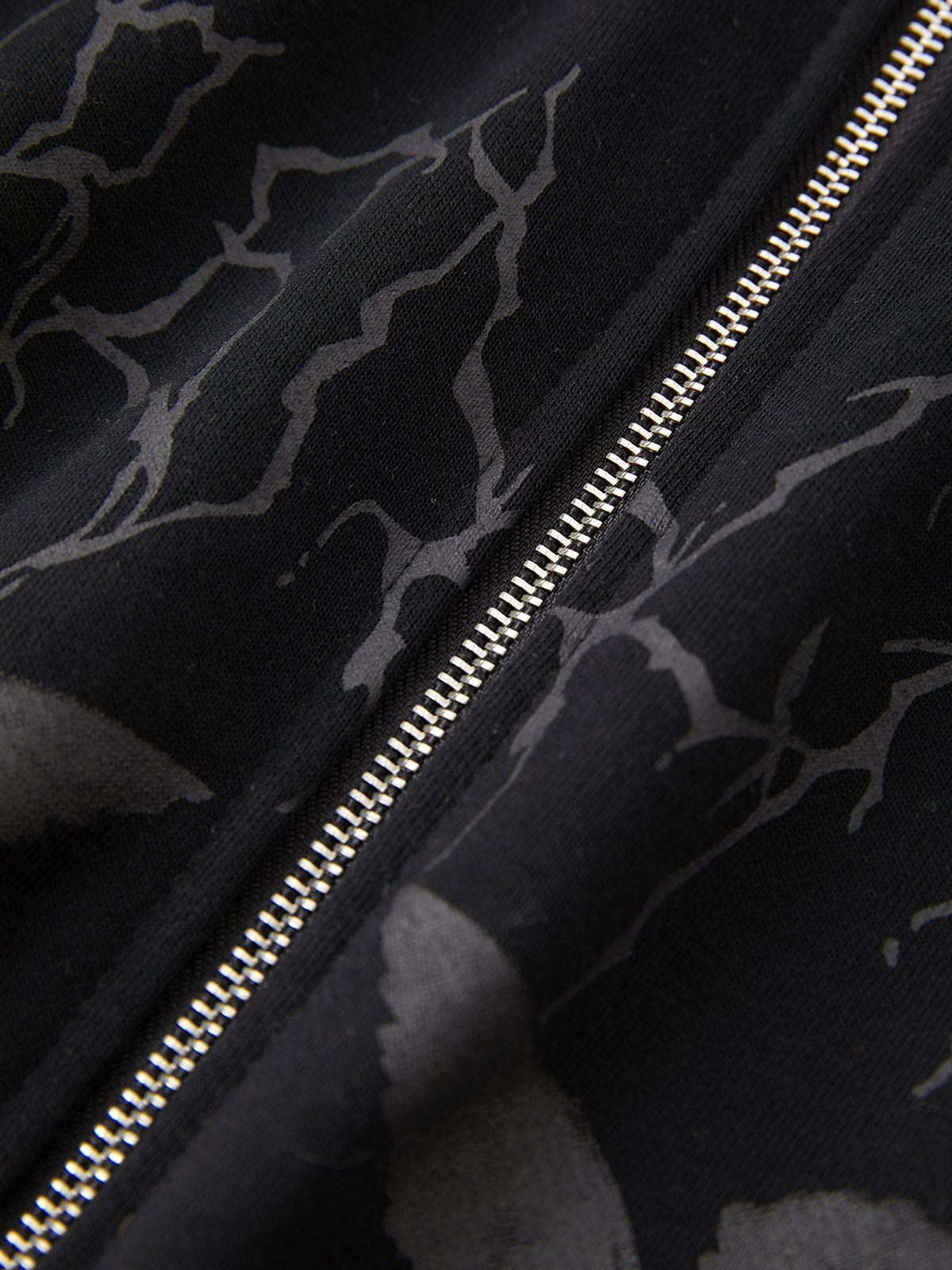 BLACK ZIP-UP HOODIE WITH ANGEL GRAPHIC LOOSE FIT LONG SLEEVE