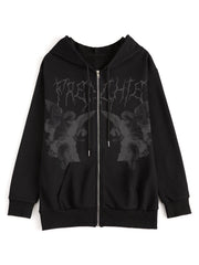 BLACK ZIP-UP HOODIE WITH ANGEL GRAPHIC LOOSE FIT LONG SLEEVE