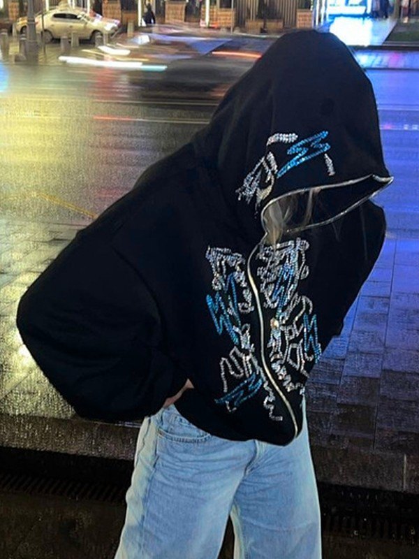 BLACK ZIP-UP HOODIE WITH FACE MOTIF AND GLITTERING RHINESTONES