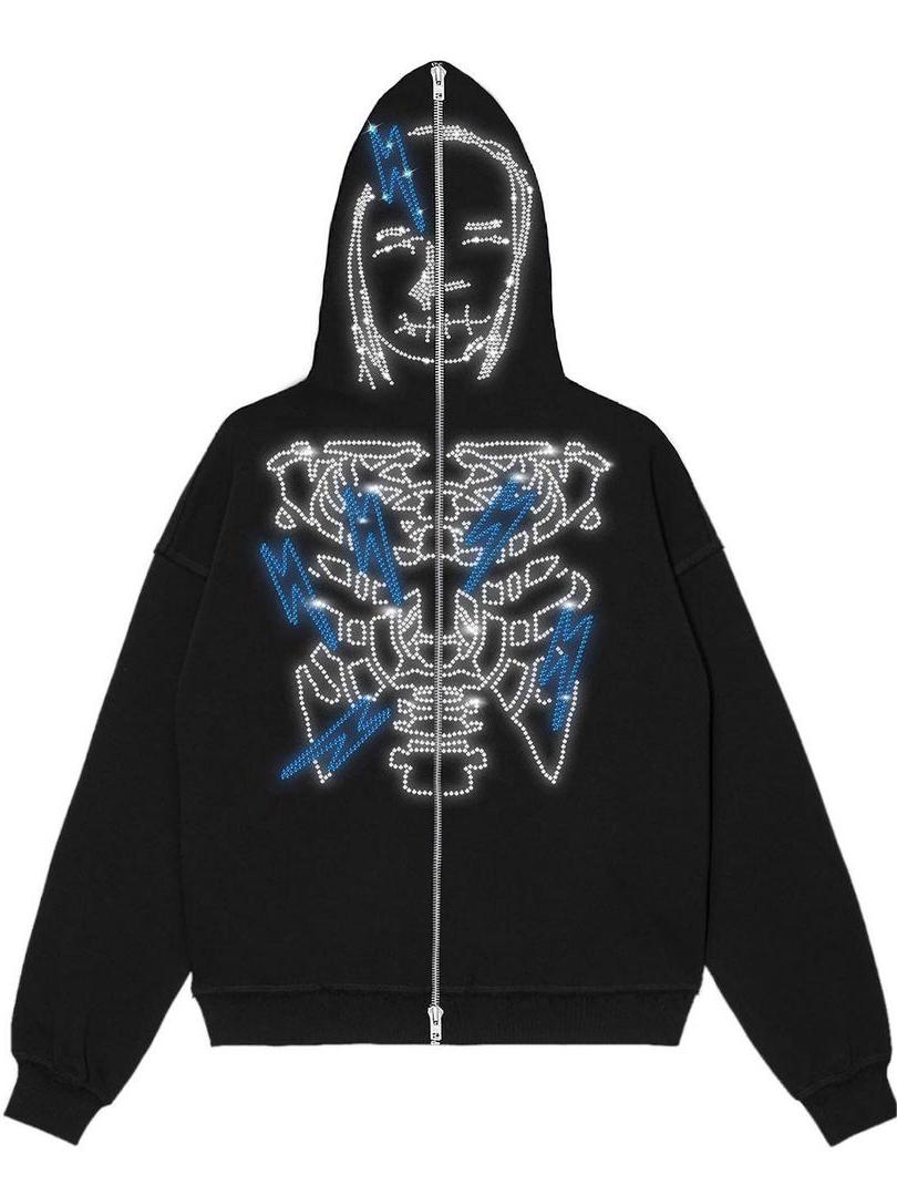 BLACK ZIP-UP HOODIE WITH FACE MOTIF AND GLITTERING RHINESTONES