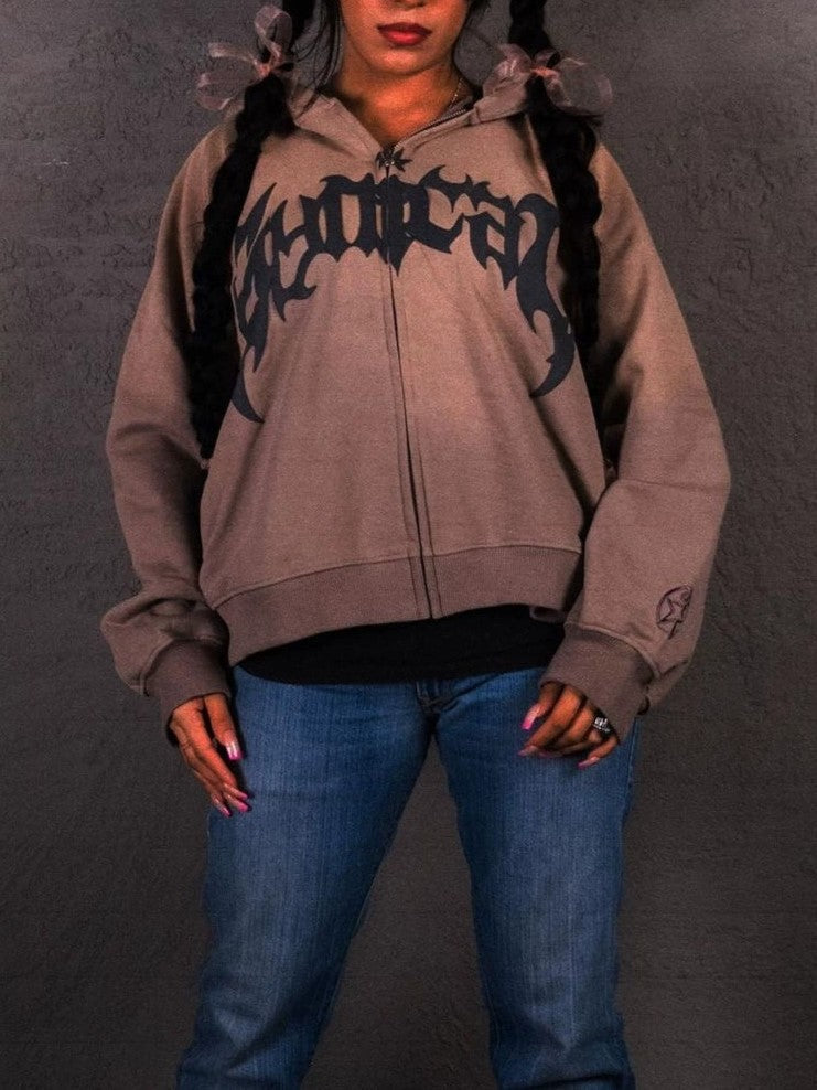 BLACK ZIP-UP HOODIE WITH GOTHIC LETTERING ECLECTIC FUSION HOODIE