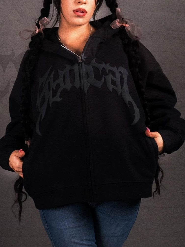 BLACK ZIP-UP HOODIE WITH GOTHIC LETTERING ECLECTIC FUSION HOODIE