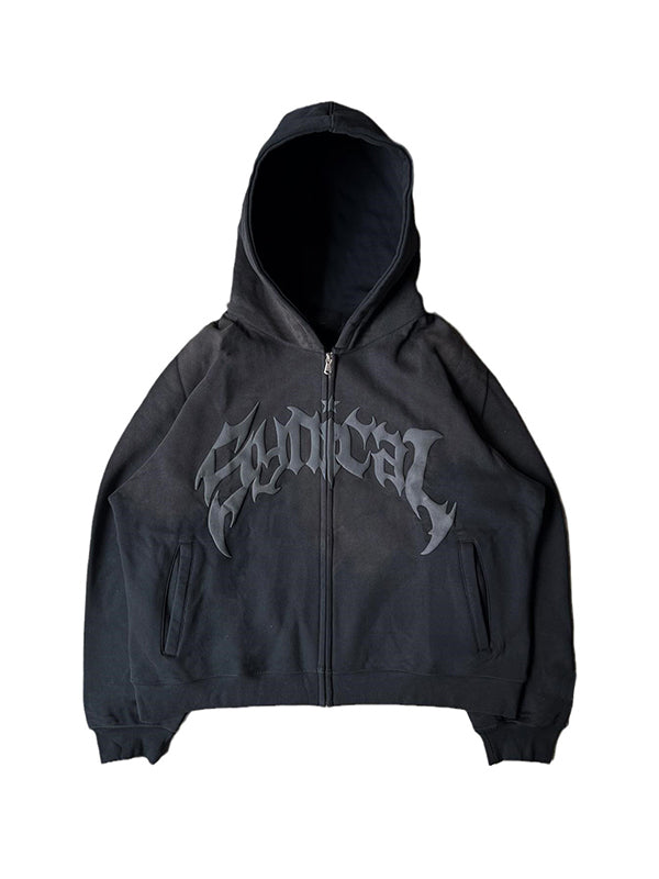 BLACK ZIP-UP HOODIE WITH GOTHIC LETTERING ECLECTIC FUSION HOODIE