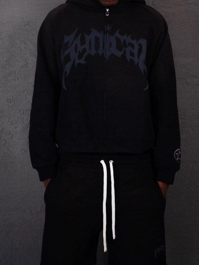 BLACK ZIP-UP HOODIE WITH GOTHIC LETTERING ECLECTIC FUSION HOODIE