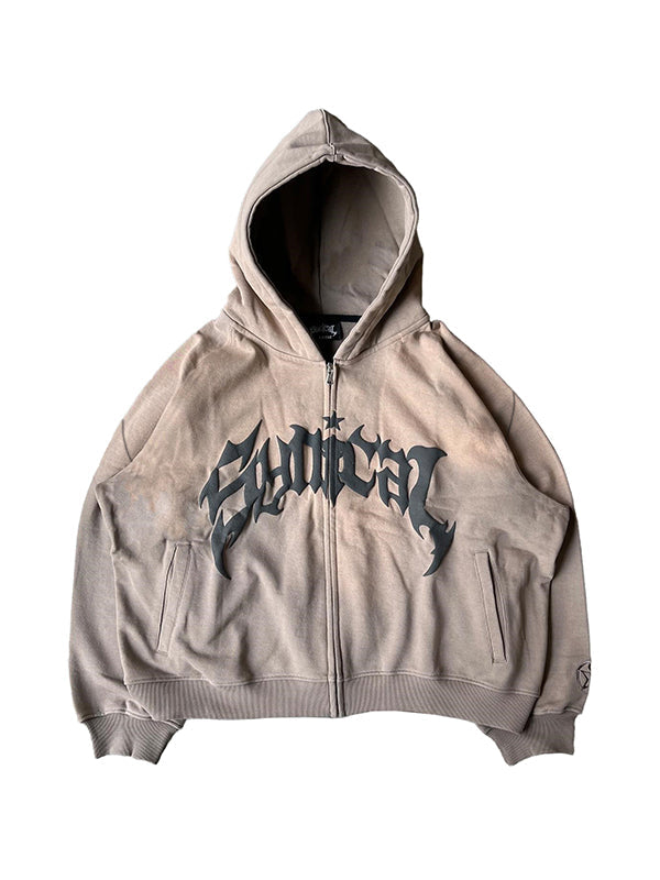 BLACK ZIP-UP HOODIE WITH GOTHIC LETTERING ECLECTIC FUSION HOODIE