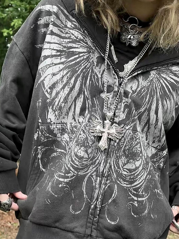 BLACK ZIP-UP HOODIE WITH GRAPHIC PRINT - VINTAGE BLACK HOODIE