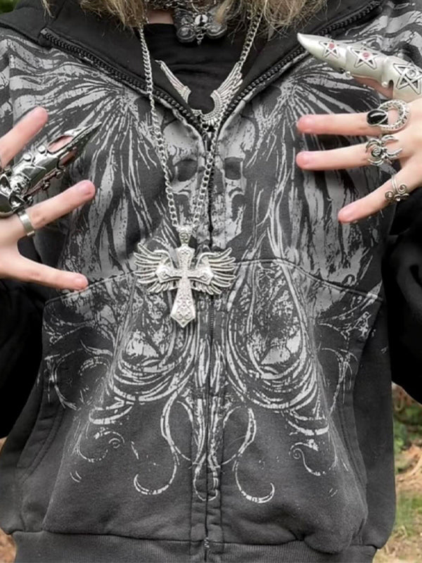 BLACK ZIP-UP HOODIE WITH GRAPHIC PRINT - VINTAGE BLACK HOODIE