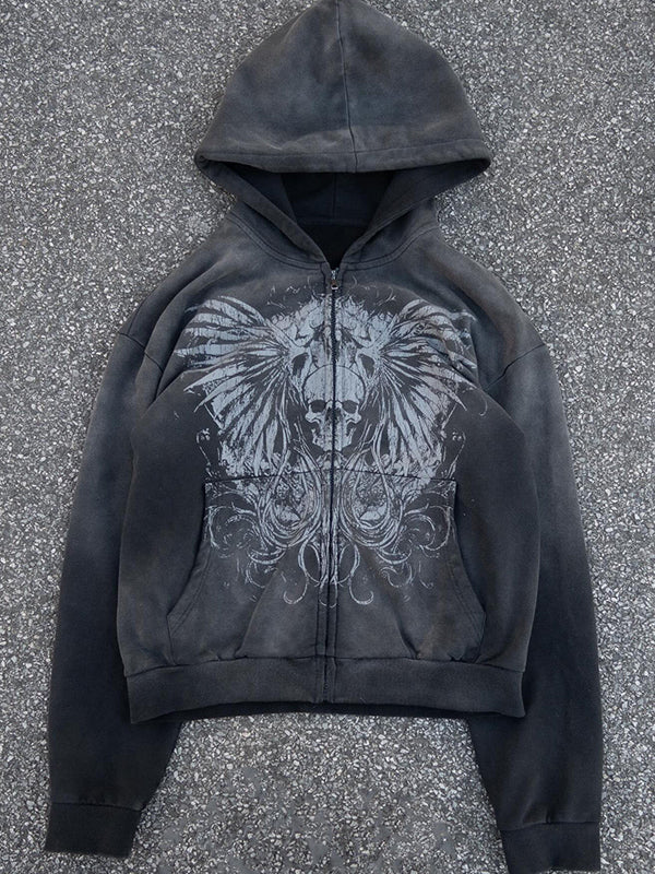 BLACK ZIP-UP HOODIE WITH GRAPHIC PRINT - VINTAGE BLACK HOODIE