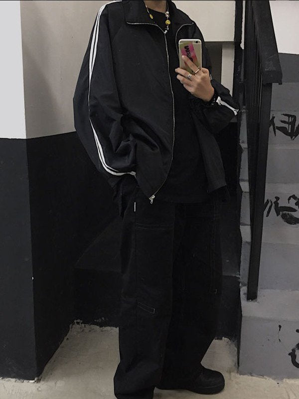 BLACK ZIP-UP JACKET WITH BEADED NECKLACE - LOOSE FIT JACKET Y2K STYLE