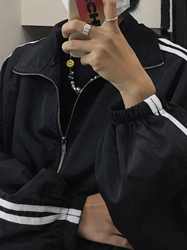 BLACK ZIP-UP JACKET WITH BEADED NECKLACE - LOOSE FIT JACKET Y2K STYLE