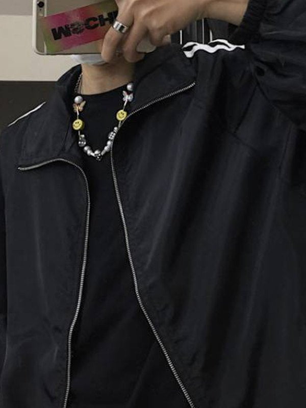 BLACK ZIP-UP JACKET WITH BEADED NECKLACE - LOOSE FIT JACKET Y2K STYLE
