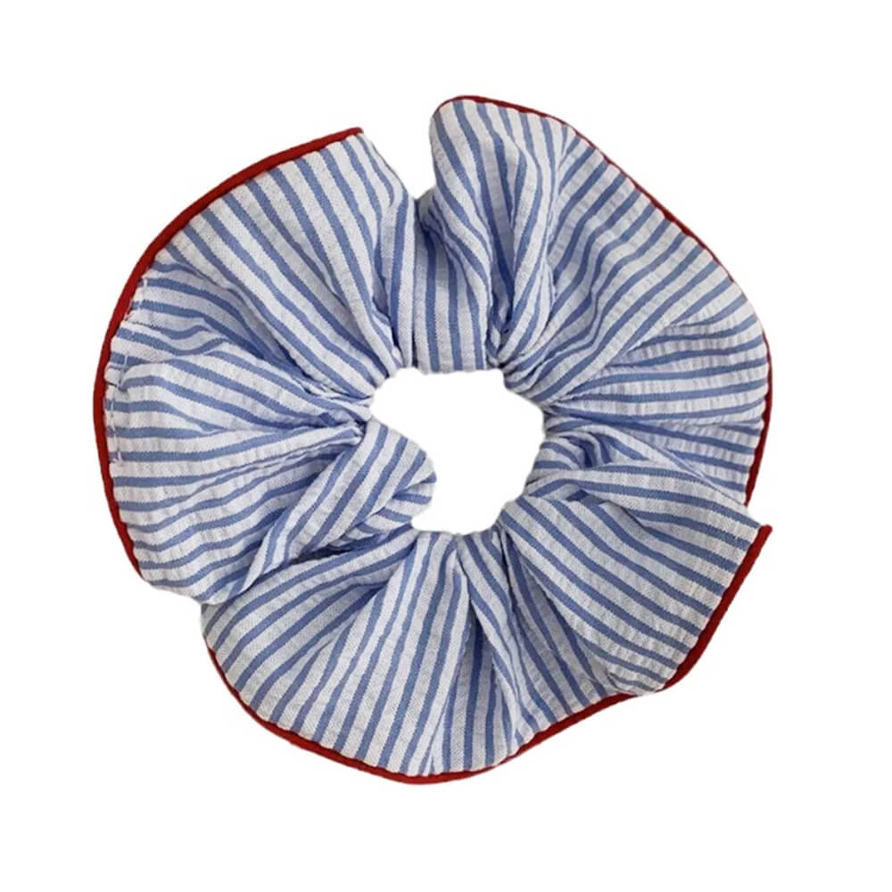 BLUE AND WHITE STRIPED SCRUNCHIE WITH RED TRIM HAIR ACCESSORY