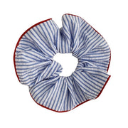 BLUE AND WHITE STRIPED SCRUNCHIE WITH RED TRIM HAIR ACCESSORY