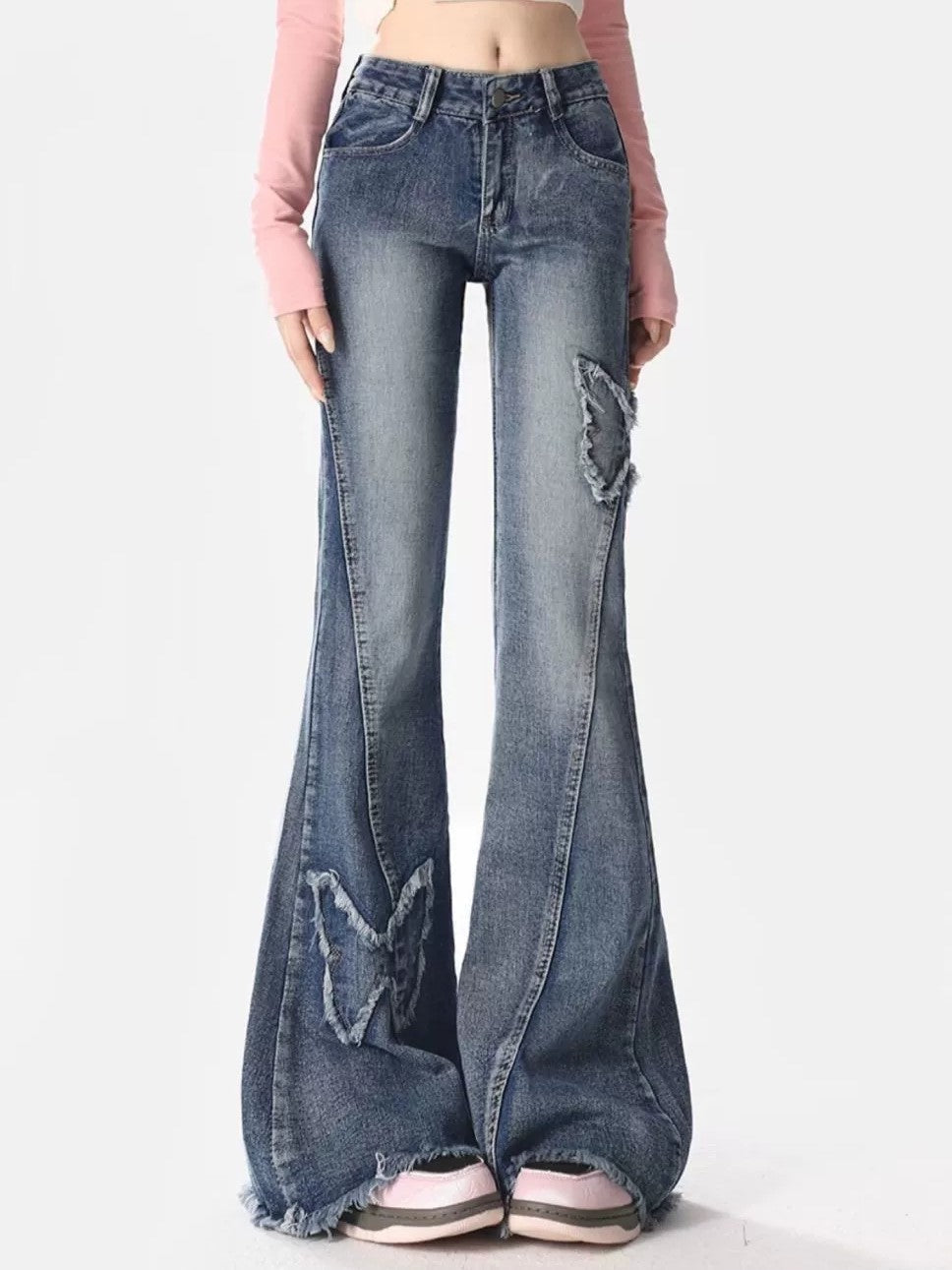 BLUE BUTTERFLY APPLIQUED BELL-BOTTOM JEANS HIGH WAIST FLARE
