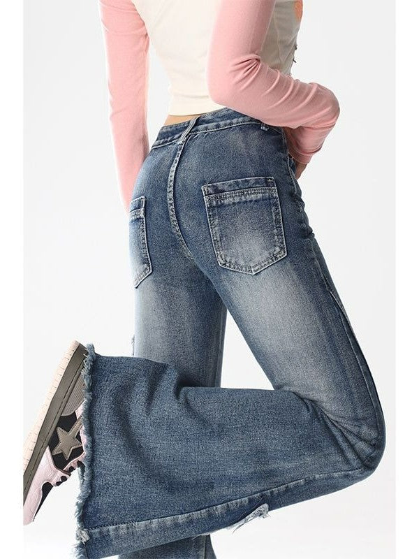 BLUE BUTTERFLY APPLIQUED BELL-BOTTOM JEANS HIGH WAIST FLARE