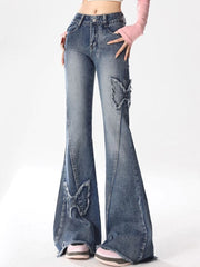 BLUE BUTTERFLY APPLIQUED BELL-BOTTOM JEANS HIGH WAIST FLARE