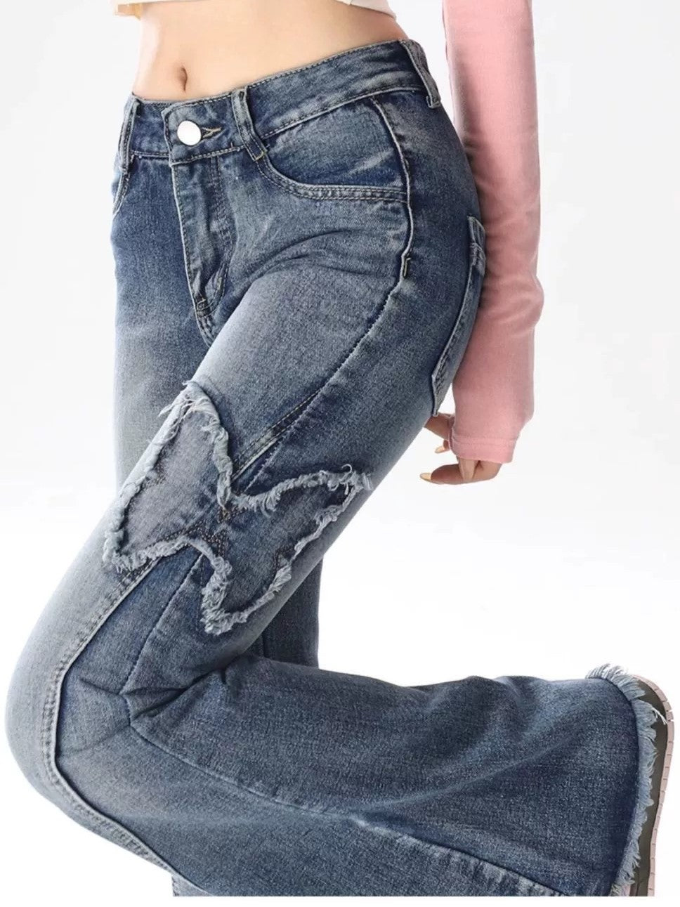 BLUE BUTTERFLY APPLIQUED BELL-BOTTOM JEANS HIGH WAIST FLARE