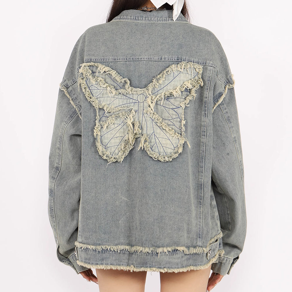 BLUE DENIM JACKET BUTTERFLY PATCH Y2K