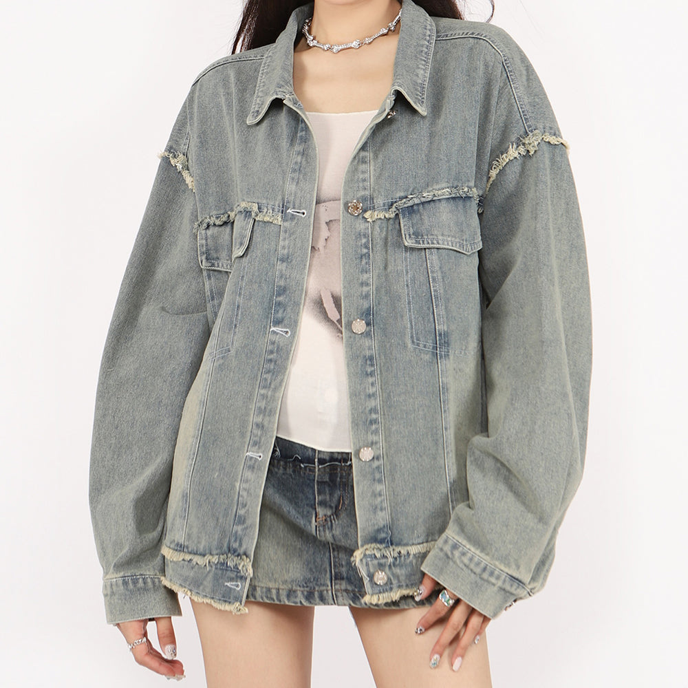 BLUE DENIM JACKET BUTTERFLY PATCH Y2K