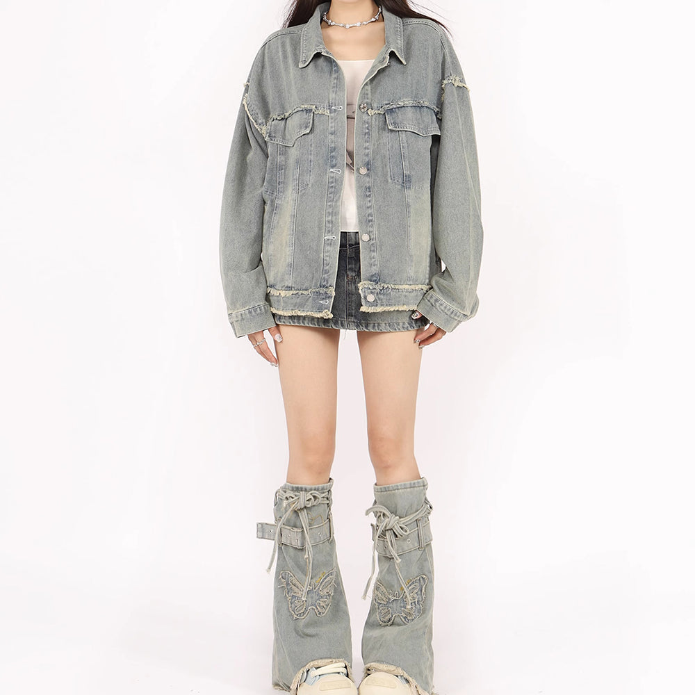BLUE DENIM JACKET BUTTERFLY PATCH Y2K
