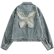 BLUE DENIM JACKET BUTTERFLY PATCH Y2K