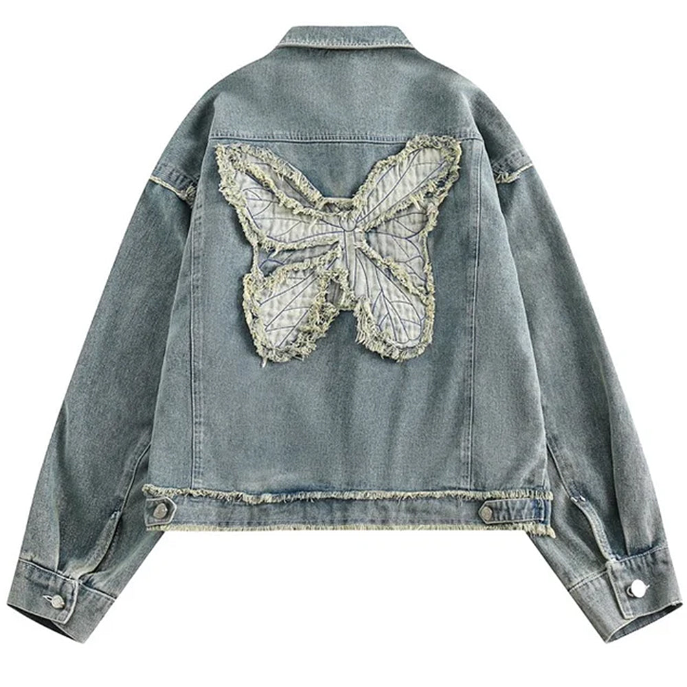 BLUE DENIM JACKET BUTTERFLY PATCH Y2K