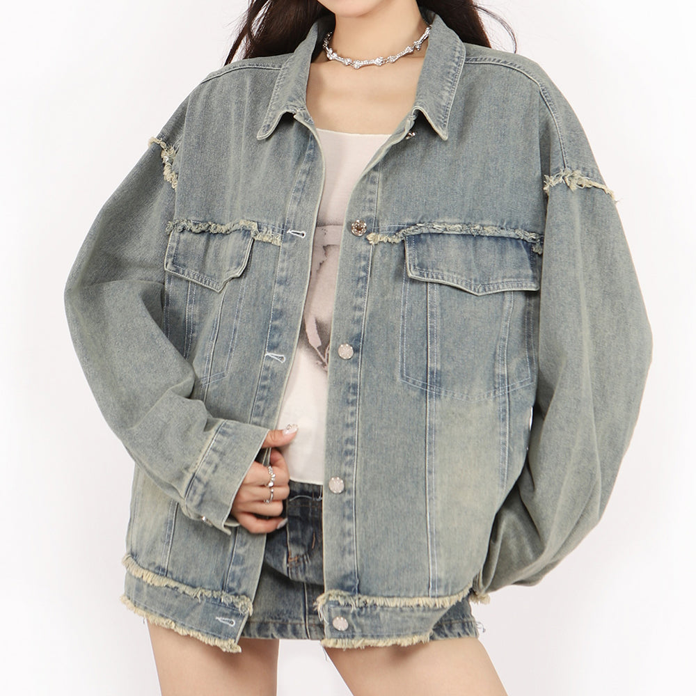 BLUE DENIM JACKET BUTTERFLY PATCH Y2K