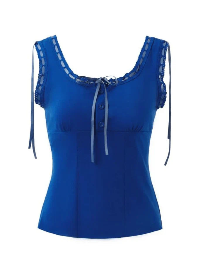 BLUE FITTED TANK TOP WITH VINTAGE NECKLINE LACE TRIM