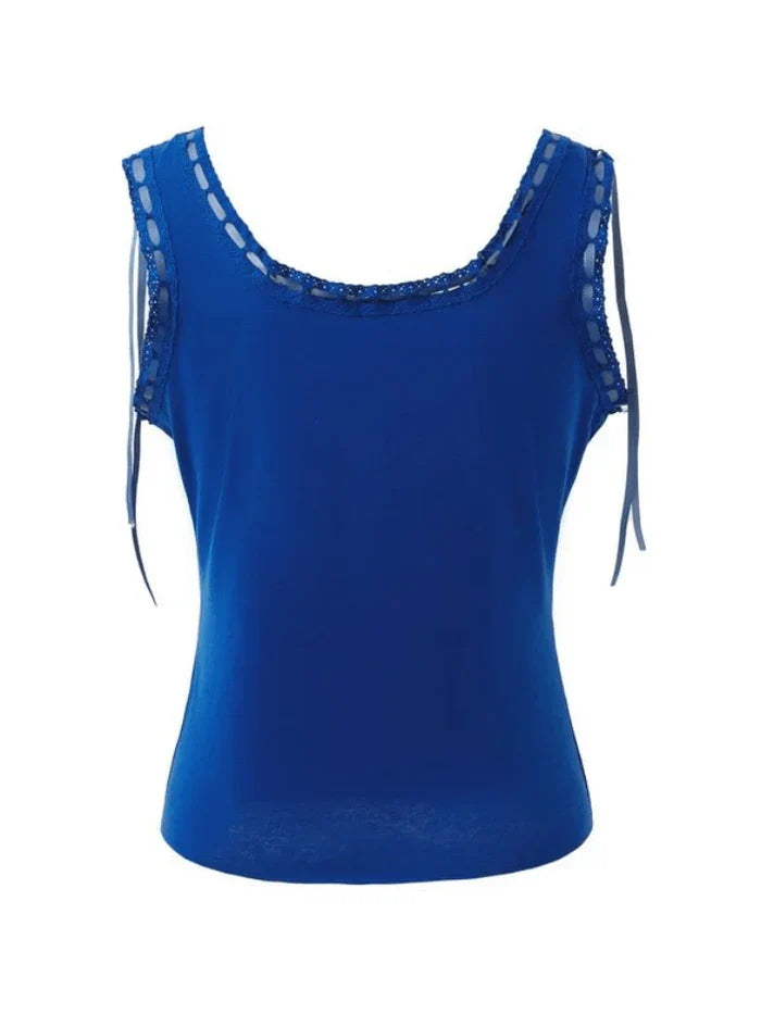 BLUE FITTED TANK TOP WITH VINTAGE NECKLINE LACE TRIM