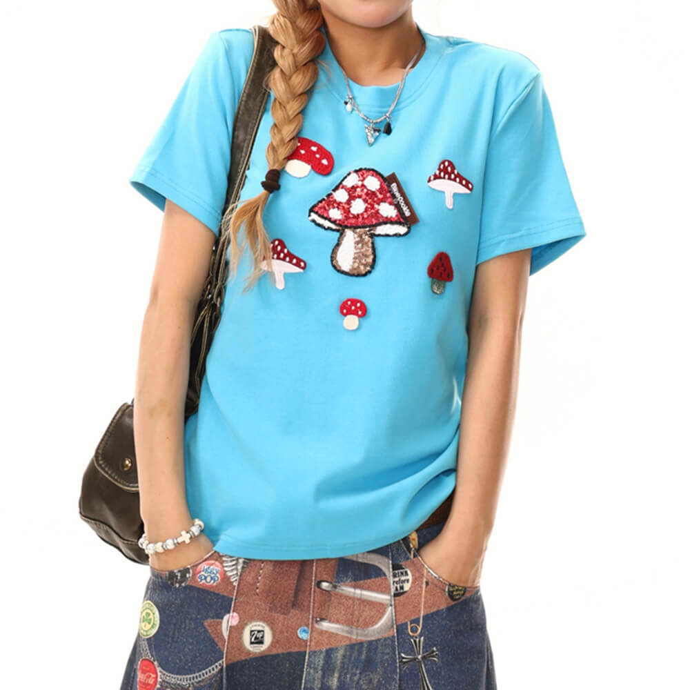 BLUE FOREST FAIRY T-SHIRT WITH MUSHROOM DESIGNS