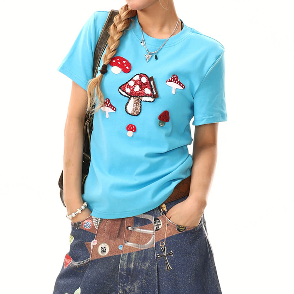 BLUE FOREST FAIRY T-SHIRT WITH MUSHROOM DESIGNS