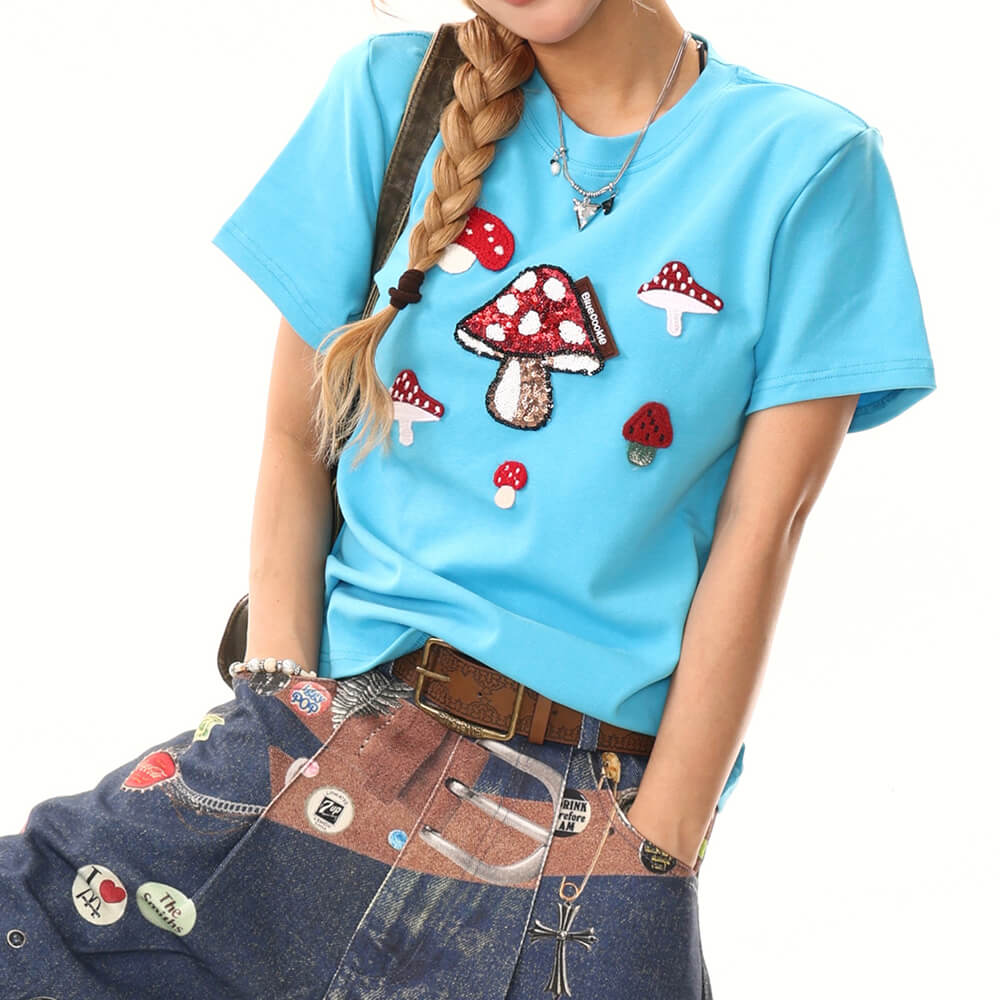 BLUE FOREST FAIRY T-SHIRT WITH MUSHROOM DESIGNS