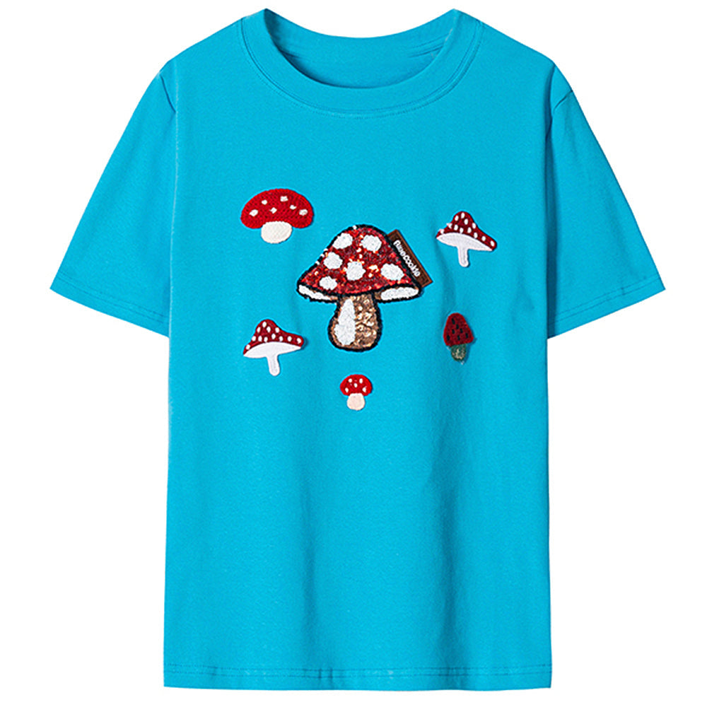 BLUE FOREST FAIRY T-SHIRT WITH MUSHROOM DESIGNS