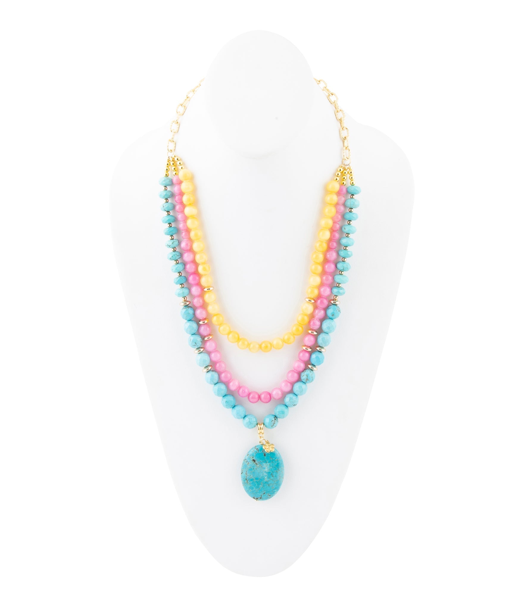 St. Augustine Pink Agate and Blue Turquoise Golden Pendant Necklace