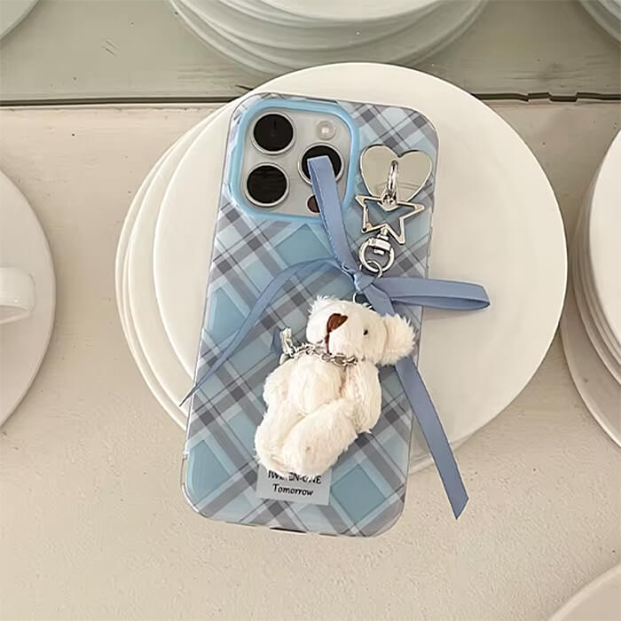 BLUE PLAID PHONE CASE WITH TEDDY CHARM ACCENTS