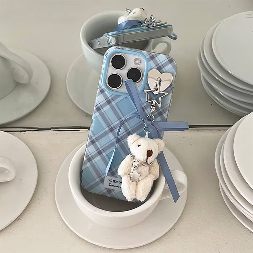 BLUE PLAID PHONE CASE WITH TEDDY CHARM ACCENTS