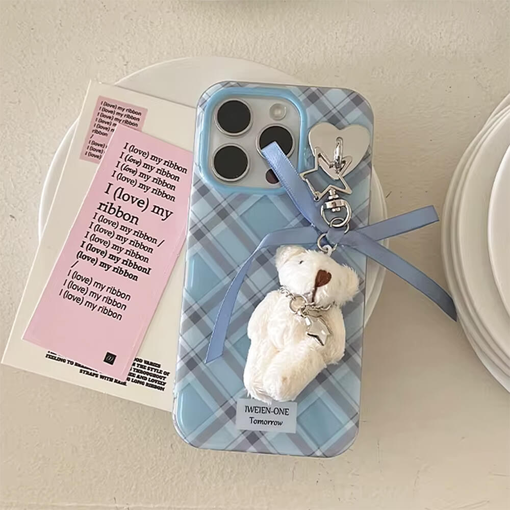 BLUE PLAID PHONE CASE WITH TEDDY CHARM ACCENTS