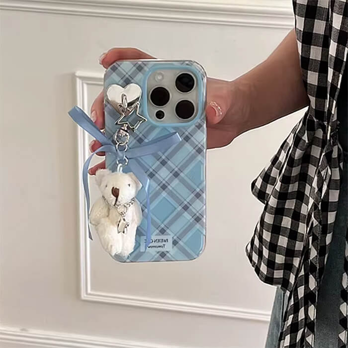 BLUE PLAID PHONE CASE WITH TEDDY CHARM ACCENTS