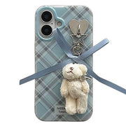 BLUE PLAID PHONE CASE WITH TEDDY CHARM ACCENTS