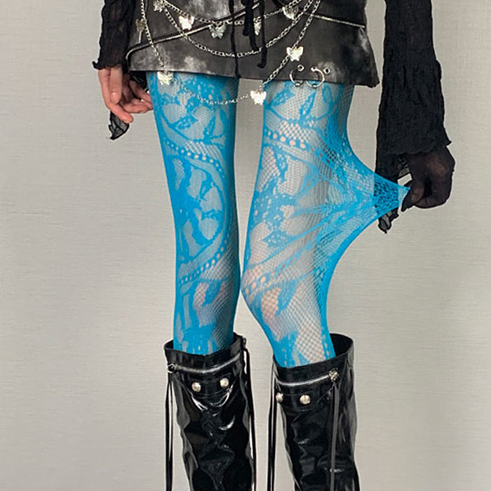 BLUE SHEER NET TIGHTS VIVID BLUE LACE PATTERN STOCKINGS