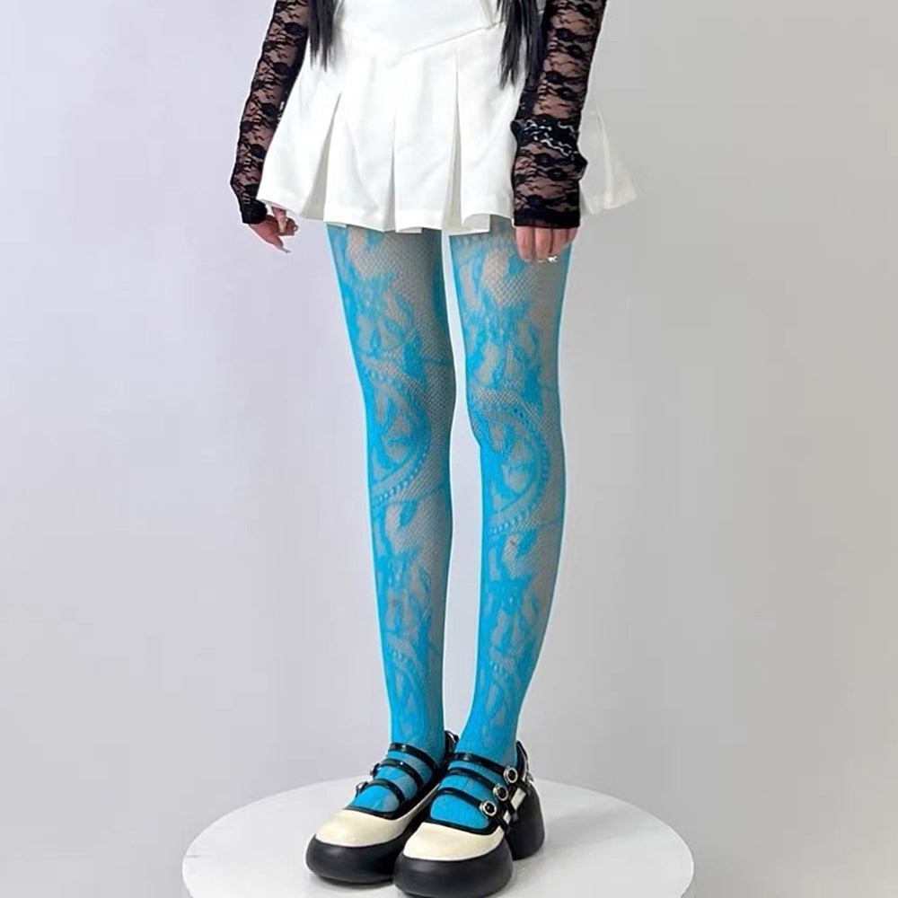 BLUE SHEER NET TIGHTS VIVID BLUE LACE PATTERN STOCKINGS
