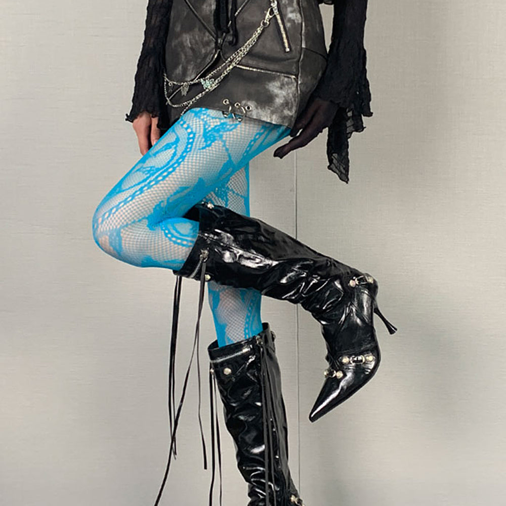 BLUE SHEER NET TIGHTS VIVID BLUE LACE PATTERN STOCKINGS