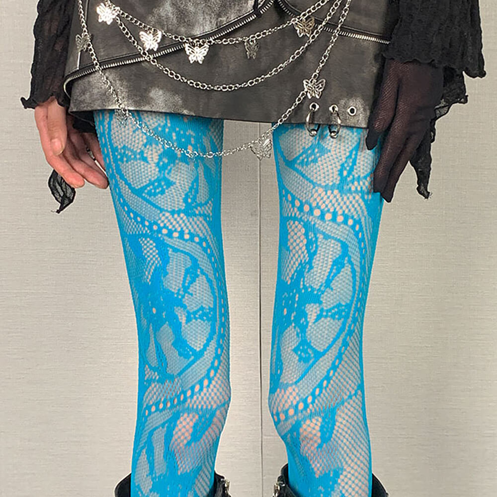 BLUE SHEER NET TIGHTS VIVID BLUE LACE PATTERN STOCKINGS
