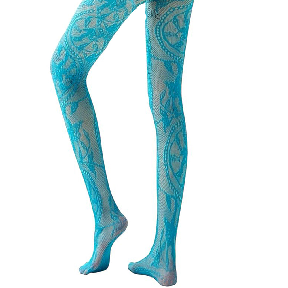 BLUE SHEER NET TIGHTS VIVID BLUE LACE PATTERN STOCKINGS