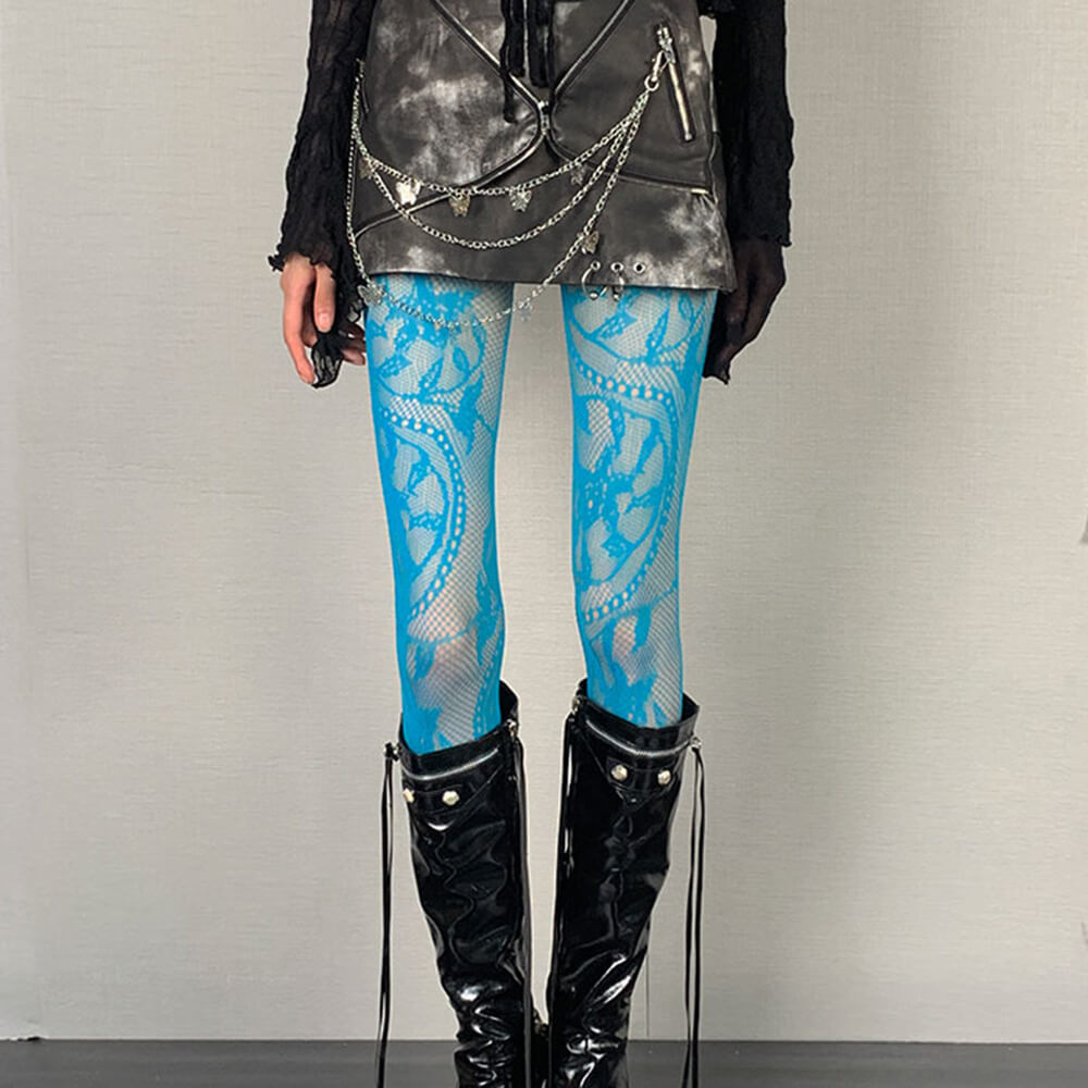BLUE SHEER NET TIGHTS VIVID BLUE LACE PATTERN STOCKINGS