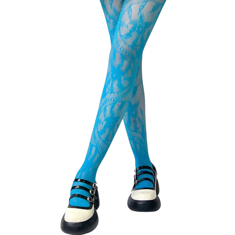 BLUE SHEER NET TIGHTS VIVID BLUE LACE PATTERN STOCKINGS