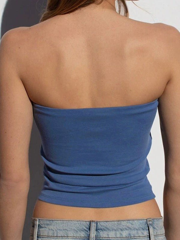 BLUE TUBE TOP WITH BOW - BUTTERFLY PRINT BANDEAU FOR FLATTERING FIT