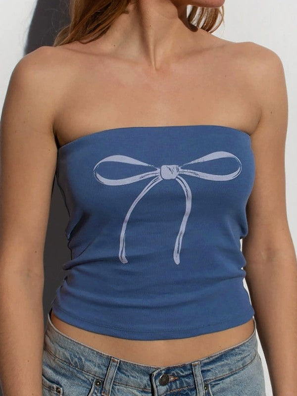 BLUE TUBE TOP WITH BOW - BUTTERFLY PRINT BANDEAU FOR FLATTERING FIT