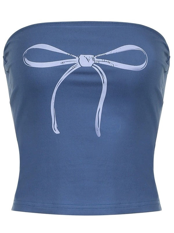 BLUE TUBE TOP WITH BOW - BUTTERFLY PRINT BANDEAU FOR FLATTERING FIT