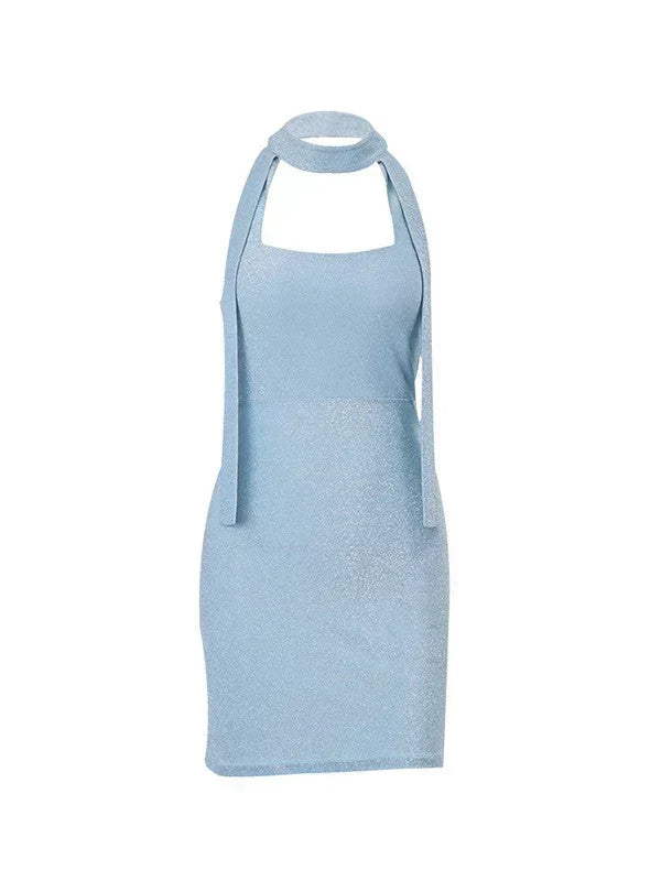 BLUE Y2K METALLIC HALTER DRESS WITH SPARKLE